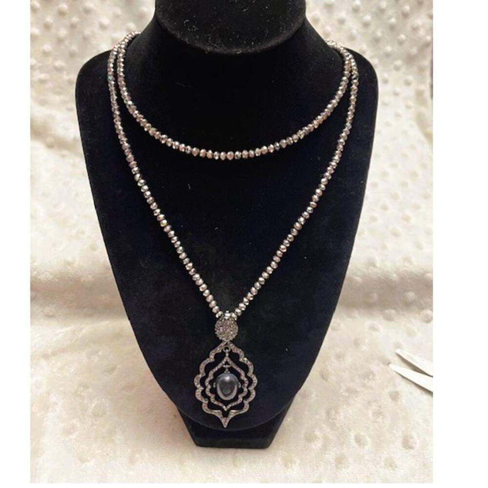 Chico's Signature Hematite Beaded Long Necklace w/Black Cat's Eye Center-NWOT